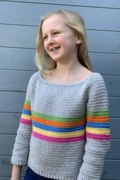 All the Stripes, kids crochet sweater free crochet pattern. www.offthehookforyou.co.uk. Cygnet Silcaress yarn