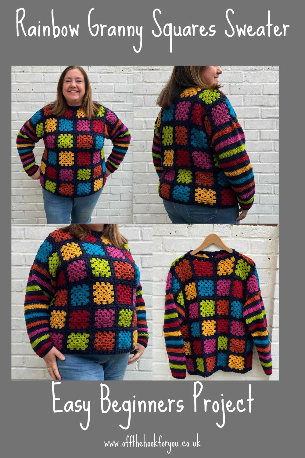rainbow granny square sweater free  crochet pattern, Size inclusive Xs-5XL