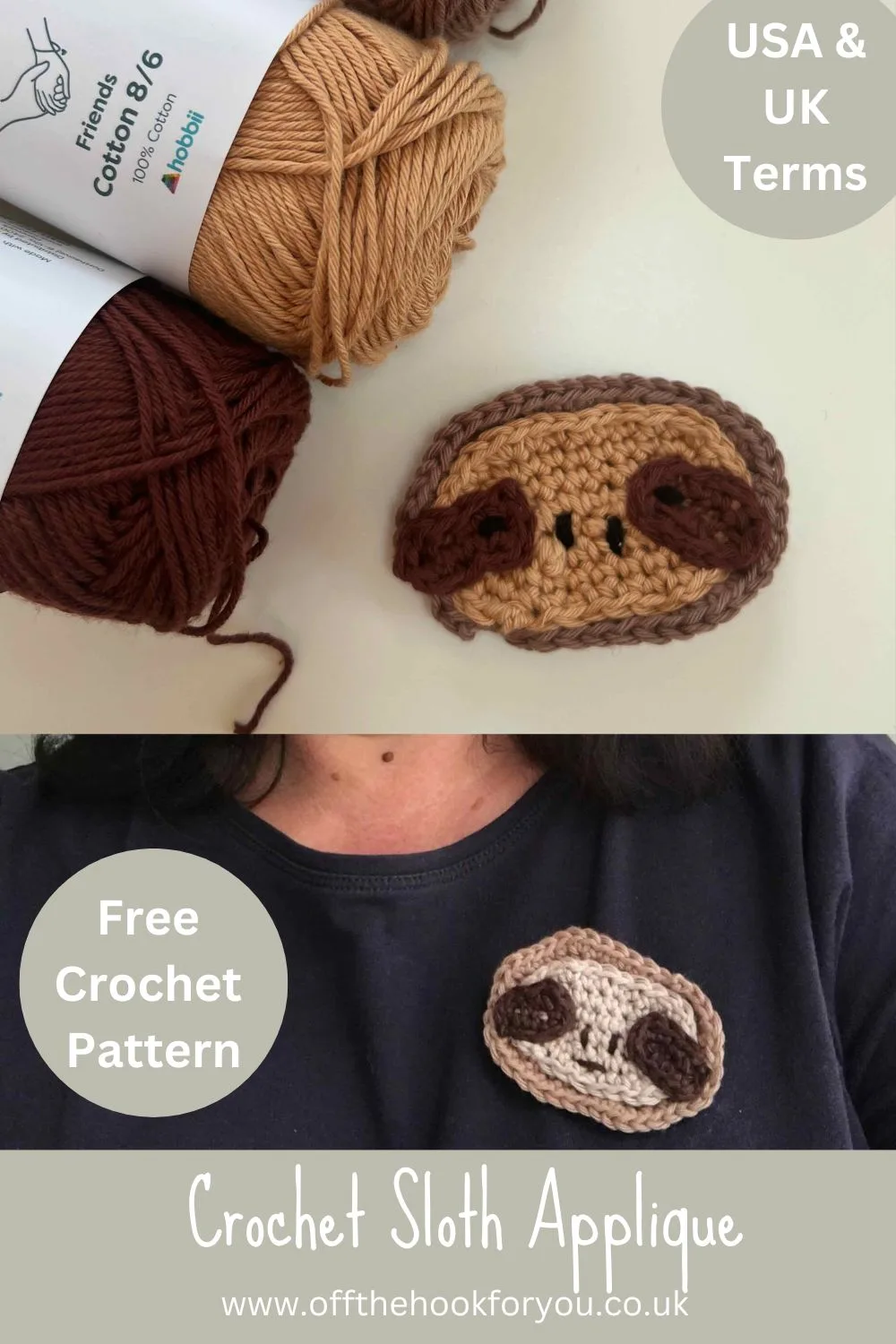 crochet sloth brooch free pattern